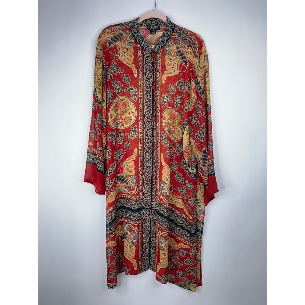 CITRON Asian oriental Red and Gold Women's Robe kimono button silk shirt